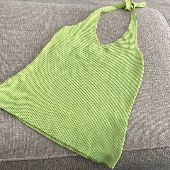 just woman Tops - lime neon green apple halter ribbed tank top tie back neck